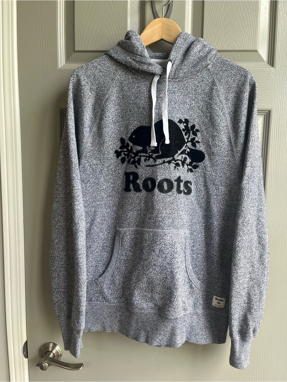 Roots Heather Gray Hoodie with Navy Beaver Logo